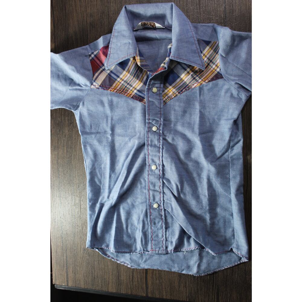 VTG Montgomery Ward pearl snap western long sleeve shirt plaid denim Boys 10 - Picture 4 of 8